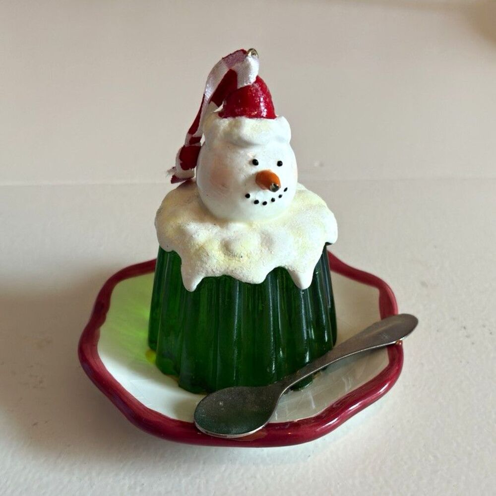 Vintage Snowman Jello Mold Christmas Ornament Decorative Plate Spoon Cottagecore